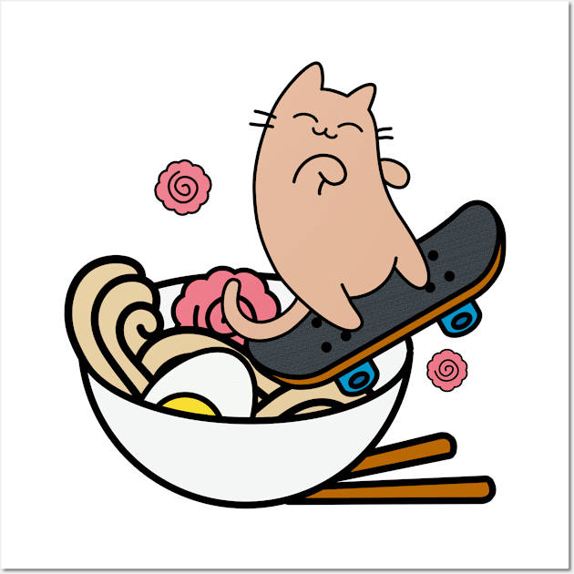 Ramen Bowl Skater Cat Skateboarding Bowl Cool cArtoon Wall Art by GlanceCat